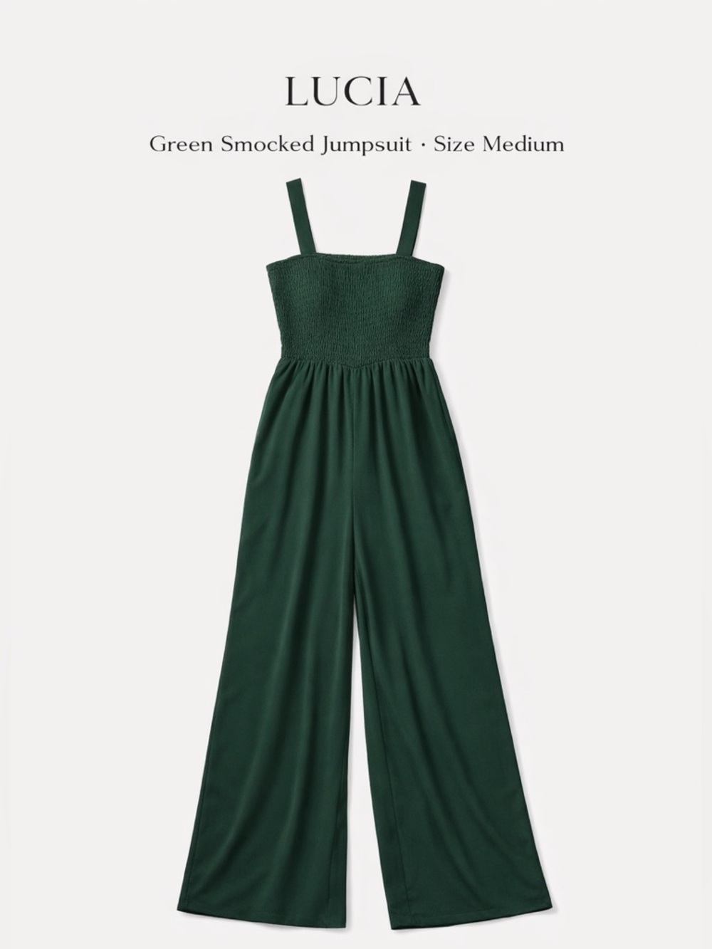 Lucia Green Smocked Jumpsuit Wide Leg Sleeveless Pocketed Size Medium